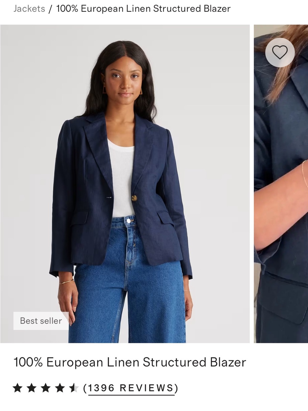 Quince Navy Linen Single-Button Structured Blazer